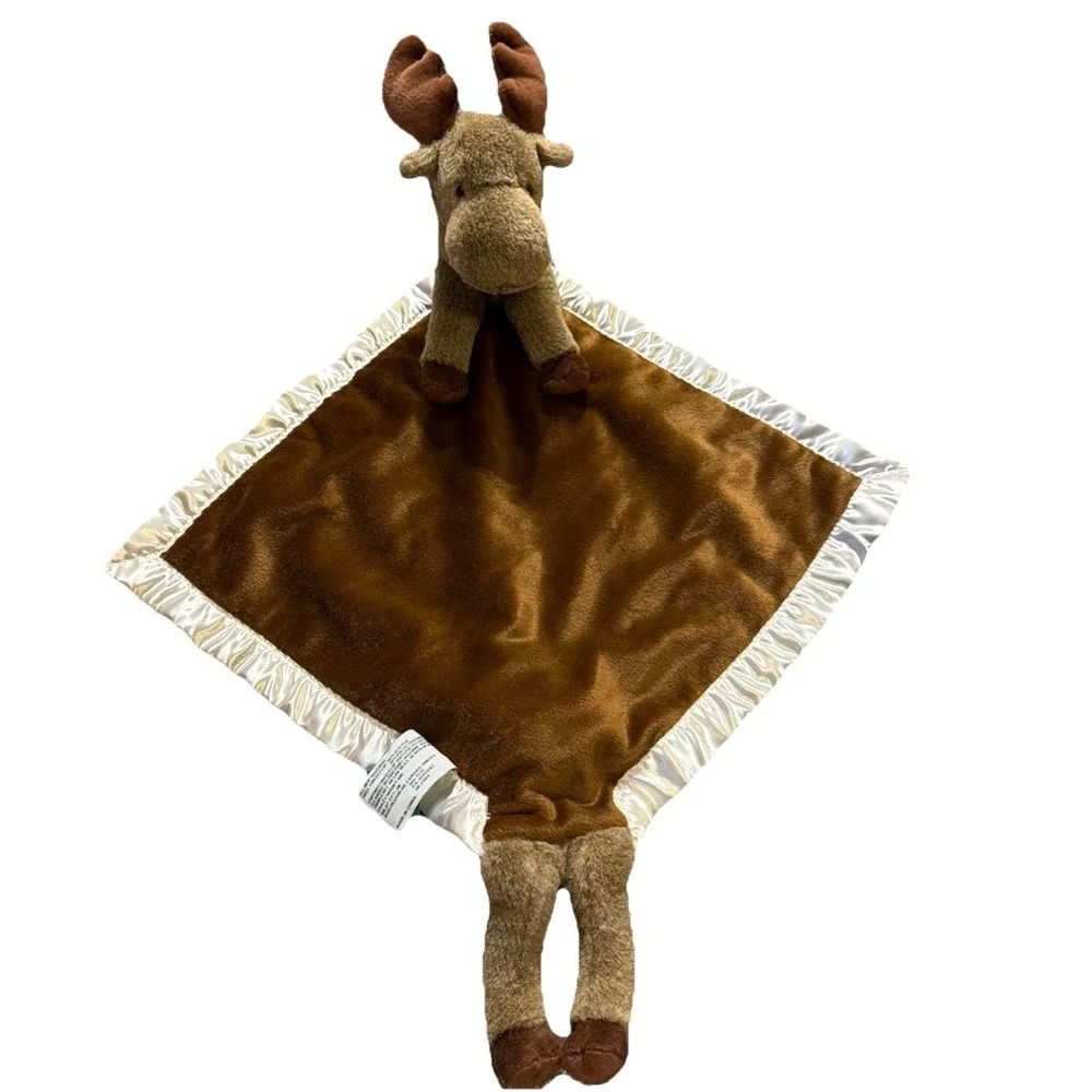 My Banky Brown Moose Plush Baby Security Blanket Silk Trim 